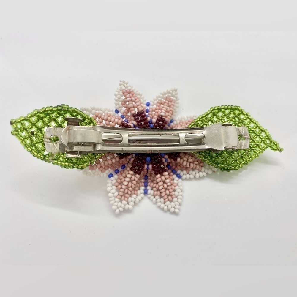 Handmade Artisan by Huicholes Mexican pink Beaded Flower Hair Barrett - Picture 2 of 2